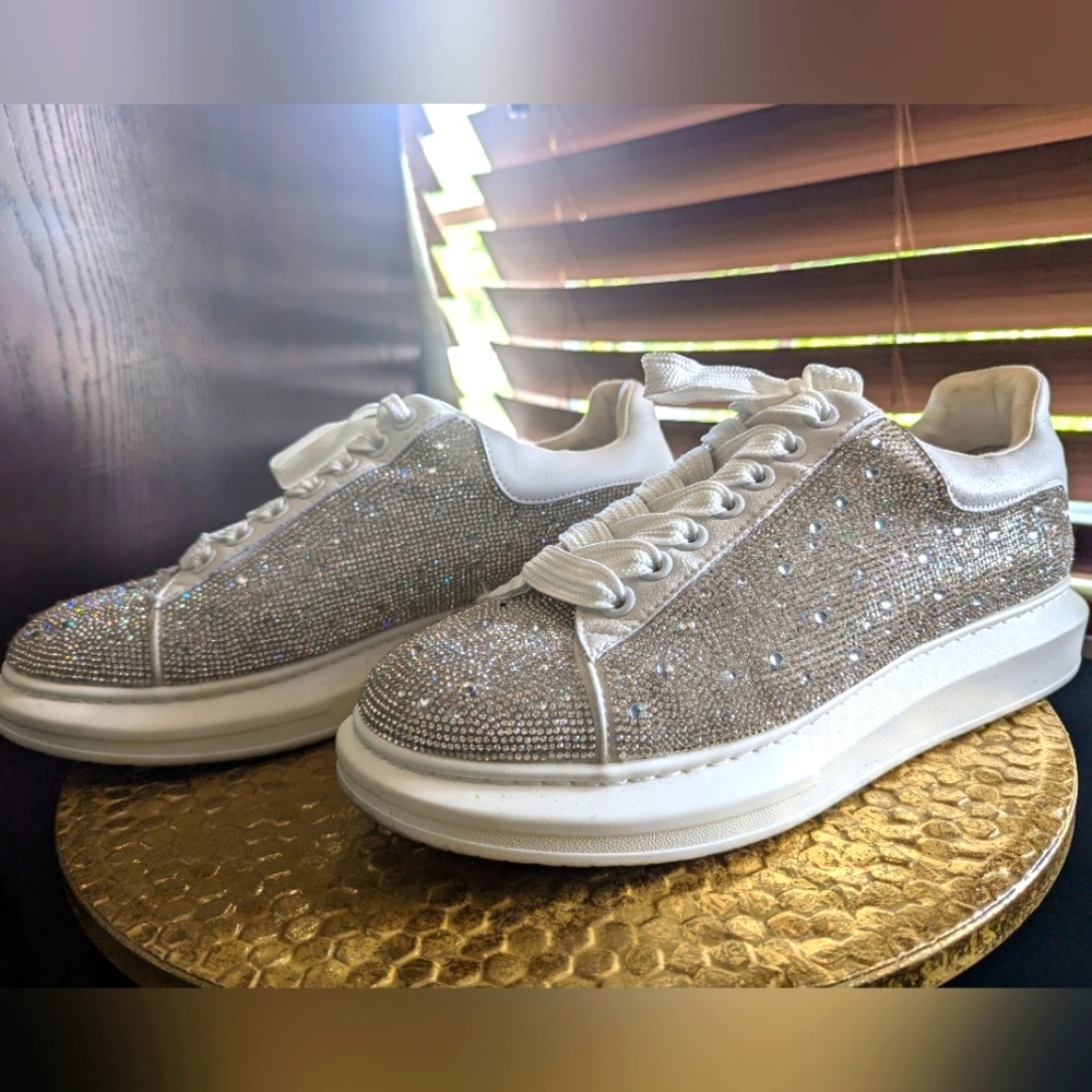 Men's White and Silver Sequin Beaded Steve Madden Shoes